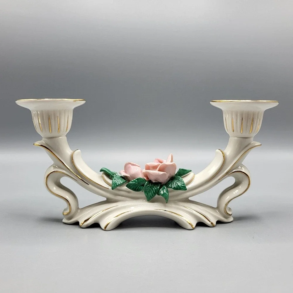 Vtg Dresden Porcelain Rose Double Candle Holder Candlestick Set of 2 Germany